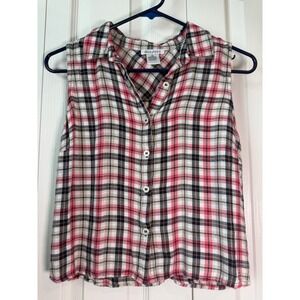 dizzylissy Women's Sleeveless Plaid Button Down Top Size XS Pink Navy Rayon